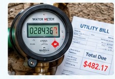 Digital water meter and utility bill illustrating unusual water usage.