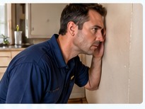 Homeowner listening near a kitchen wall.